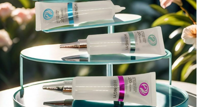 Skincare and serum tubes from Hongyi arranged on mirrored tiers